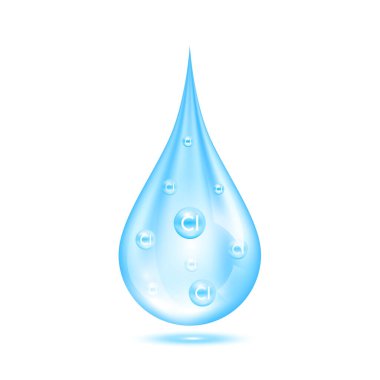 Chlorine inside water drop disinfection clean water purifying. Water icon isolated on white background. Microbiology research and analysis concept. 3D vector illustration. clipart