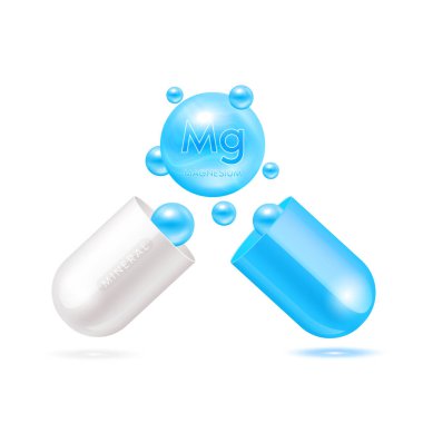 Kapsül mavi 3D 'deki magnezyum minerali beyaz arka planda izole edildi. Vektör EPS10 illüstrasyonu. Vitamin mineralleri ürün tasarımı için karmaşıktır. Tıbbi bilimsel kavramlar.