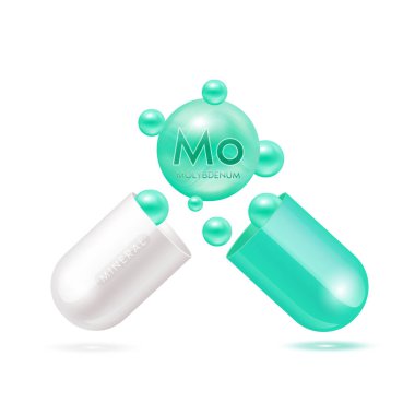 Molibden minerali kapsül yeşili 3D 'de beyaz arka planda izole edildi. Vektör EPS10 illüstrasyonu. Vitamin mineralleri ürün tasarımı için karmaşıktır. Tıbbi bilimsel kavramlar.