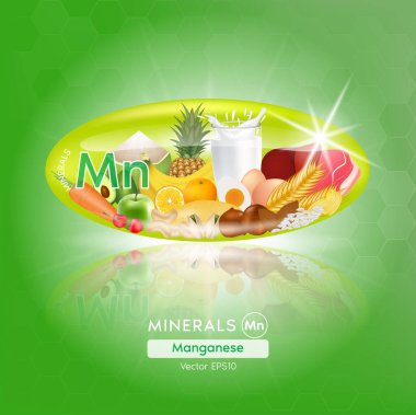 Yeşil manganez mineral kapsülleri. Vitamin, mineral, balık ve sebze gibi sağlıklı gıdalardan yararlanıyor. Tıbbi ve beslenme destek konsepti. 3B Vektör EPS10 illüstrasyonu