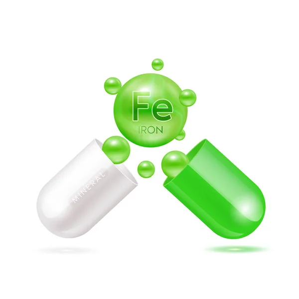 在白色背景上分离出胶囊绿色3D中的铁质矿物质 矢量Eps10示例 用于产品设计的维生素矿物质复合物 医学科学概念 — 图库矢量图片