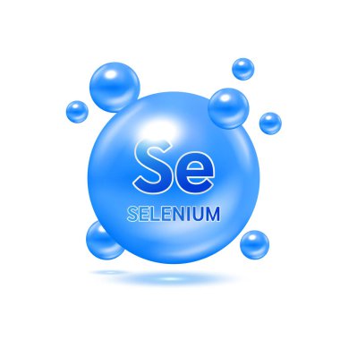 Mineraller, Selenyum ve Vitamin, sağlık için. Tıbbi ve beslenme takviyesi konsepti. Vektör EPS10 illüstrasyonu. Beyaz arkaplanda üç boyutlu mavi simge izole edildi.