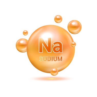 Mineraller Sodyum ve Vitamin, sağlık için. Tıbbi ve beslenme takviyesi konsepti. Vektör EPS10 illüstrasyonu. Beyaz arkaplanda 3 boyutlu simge turuncusu izole edildi.