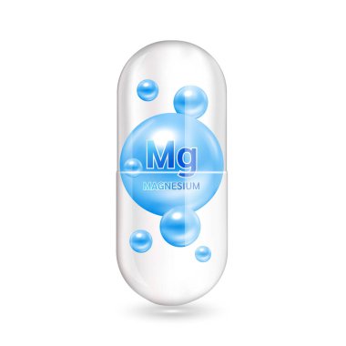 Mineraller magnezyum ve vitamin kapsülün içinde. Tıbbi ve beslenme takviyesi konsepti. 3D Vektör EPS10 illüstrasyonu. Beyaz bir arkaplanda izole edilmiş.