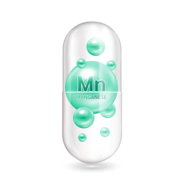 Mineraller manganez ve vitamin kapsülün içinde. Tıbbi ve beslenme takviyesi konsepti. 3D Vektör EPS10 illüstrasyonu. Beyaz bir arkaplanda izole edilmiş.