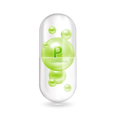 Mineraller fosfor ve vitamin kapsülün içinde. Tıbbi ve beslenme takviyesi konsepti. 3D Vektör EPS10 illüstrasyonu. Beyaz bir arkaplanda izole edilmiş.