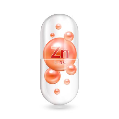 Mineraller çinko ve vitamin kapsülün içinde. Tıbbi ve beslenme takviyesi konsepti. 3D Vektör EPS10 illüstrasyonu. Beyaz bir arkaplanda izole edilmiş.