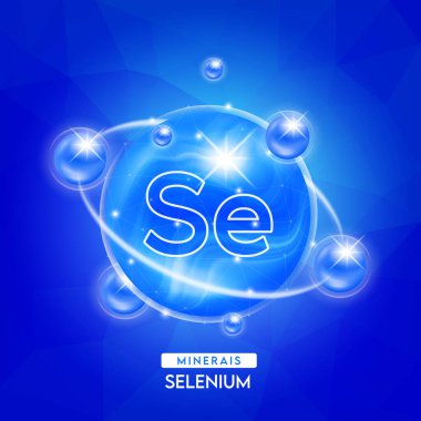 Mineraller selenyum ve vitamin kompleksi. Beslenme ürünleri yiyecek ve ilaç için mavi kapsül mineralleri. Bilimsel araştırma tıbbi konsepti. İzole edilmiş 3D Vektör EPS10 illüstrasyonu.