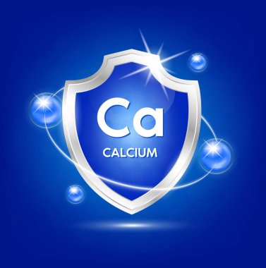 Mavi atom ve vitamin kompleksli mineral kalsiyum kalkanı. Bedeni koru, sağlıklı kal. Beslenme ürünleri için yiyecek. Tıbbi bilimsel kavramlar. Simge 3d vektör illüstrasyonu.
