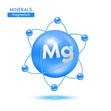 Minerals magnesium atom surrounded by electrons blue. Icon 3D isolated on a white background. Medical scientific concepts. 3D Vector EPS10 illustration. clipart