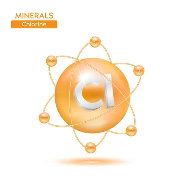 Minerals Chlorine Atom Surrounded Electrons Orange Icon Isolated White Background — Stock Vector