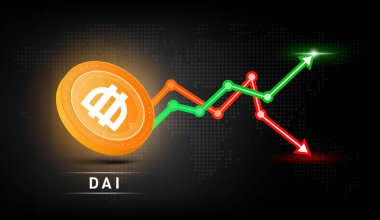 Dai madeni para sarısı. Borsa yatırım grafiği yeşil ve kırmızı olan kripto döviz sembolü. Koyu arkaplanda madeni para simgesi. Ekonomik trendler iş konsepti. 3B Vektör illüstrasyonu.