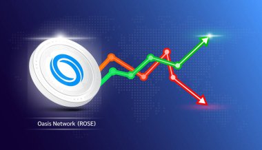 Oasis Ağı madeni para beyazı. Borsa yatırım grafiği yeşil ve kırmızı olan kripto döviz sembolü. Mavi arkaplanda sikke simgesi. Ekonomik trendler iş konsepti. 3B Vektör illüstrasyonu.