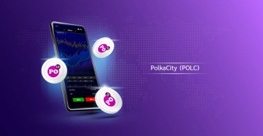 PolkaCity madeni parası ve telefonu. Dokunmatik ekranda akıllı telefondan şifreli para ticareti uygulaması. Veri analizi borsası. Eğilimler ve finansal stratejiler. Mobil bankacılık kriptosu. Vektör 3d. 