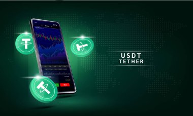 Para ve telefon bağla. Dokunmatik ekranda akıllı telefondan şifreli para ticareti uygulaması. Veri analizi borsası. Eğilimler ve finansal stratejiler. Mobil bankacılık kriptosu. Vektör 3d. 