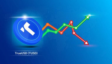 TrueUSD madeni para mavisi. Borsa yatırım grafiği yeşil ve kırmızı olan kripto döviz sembolü. Koyu arkaplanda madeni para simgesi. Ekonomik trendler iş konsepti. 3B Vektör illüstrasyonu.