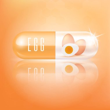 Portakal dilimleri ve yapraklarla kapsüllü yumurta vitamini. Tıbbi konseptler ve sağlık malzemeleri. Gerçekçi 3D Vektör illüstrasyonu.