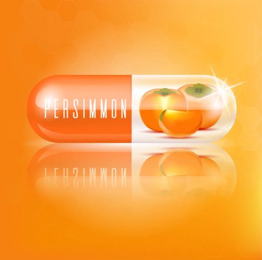 Kapsülde hurma vitamini. Tıbbi konseptler ve sağlık malzemeleri. Gerçekçi 3D Vektör illüstrasyonu.