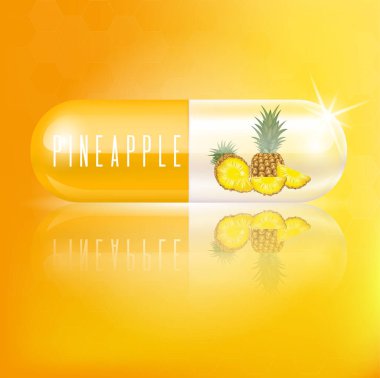 Ananas ve kapsül vitamini. Tıbbi konseptler ve sağlık malzemeleri. Gerçekçi 3D Vektör illüstrasyonu.