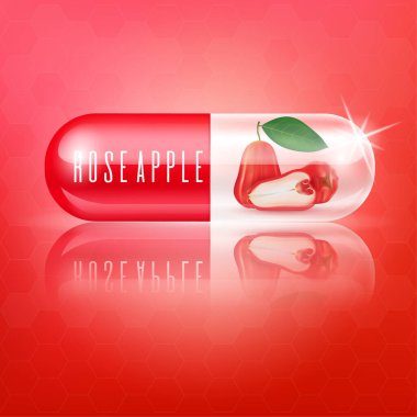 Rose Apple, yapraklı kapsül vitamini. Tıbbi konseptler ve sağlık malzemeleri. Gerçekçi 3D Vektör illüstrasyonu.