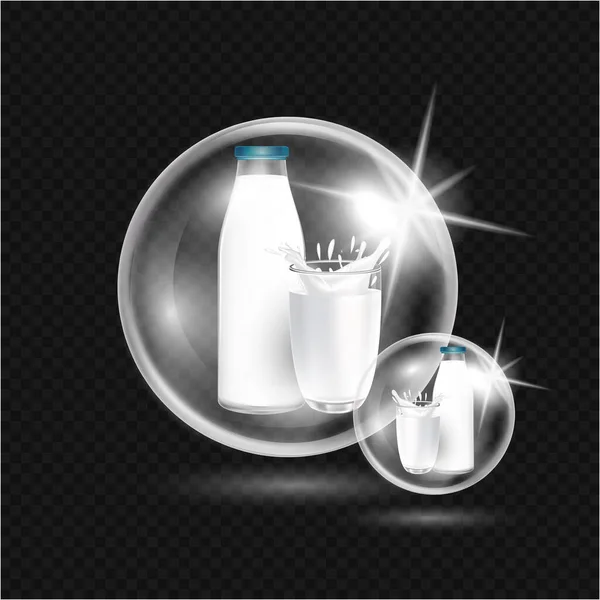 Milch Blasen Realistisch Mit Vektorillustration Auf Einem Durchscheinenden Hintergrund Design — Stockvektor