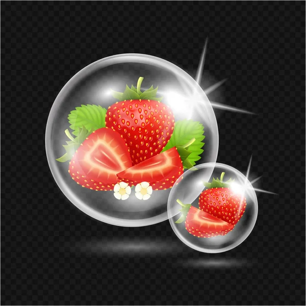 草莓泡在泡沫里 红色草莓现实与3D矢量插图 在半透明的背景上烹饪产品设计 医疗面部血清 网址的装饰 — 图库矢量图片