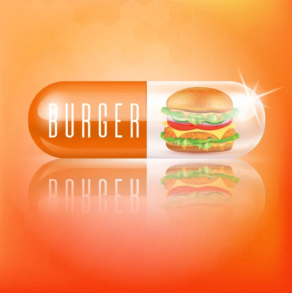 汉堡芝士在胶囊里 垃圾食品饮食营养和油腻的胆固醇 选择对身体有益的食物 医疗食品概念 基于橙色背景的真实感3D矢量图解 — 图库矢量图片