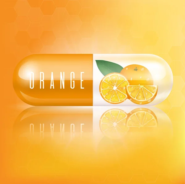 オレンジのスライスと葉のカプセルビタミンでオレンジ 医療の概念と健康補助食品 リアルな3Dベクトルイラスト — ストックベクタ