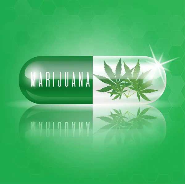 Zelená Marihuana Listy Kapslích Léčivé Byliny Pilulky Konopí Cbd Zdravotní — Stockový vektor