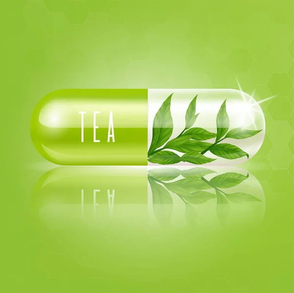 Folhas Chá Cápsula Vitamina Verde Claro Conceitos Médicos Suplementos Saúde — Vetor de Stock