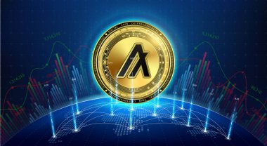 Algorand altın sikkesi. Gelecekteki internette şifreli para birimi simgesi. Dijital çevrimiçi teknoloji hisse senedi piyasasını ve şifreli para birimlerini engelliyor. Dünya haritası ve küresi olan bir hologram. Vektör EPS10.