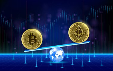 Döviz kurları, madeni paralardan daha ağırdır. Ethereum kripto para birimi. Borsa büyüme yarışması. İnternet elektronik ödeme fütüristik. Finansal konsept. 3B Vektör illüstrasyonu.