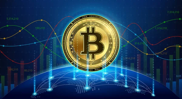 Bitcoin altın para. Gelecekteki internette şifreli para birimi simgesi. Dijital çevrimiçi teknoloji hisse senedi piyasasını ve şifreli para birimlerini engelliyor. Dünya haritası ve küresi olan bir hologram. Vektör EPS10.