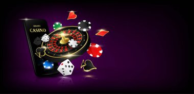 Rulet, poker fişleri ve zarlar akıllı telefondan uzaklaşır. İnternet sitesi afiş tasarımı online kumarhane kumarhanesi metin için kopyalama alanı. Reklamcılığın arka plan posteri 3 boyutlu gerçekçi vektör.