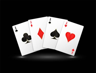 Poker kartları sembolü. Karo kupa ve maça dört ası uçar. Kırmızı ve siyah renkler. Katı arkaplanda simge izole edildi. Çevrimiçi kumarhane konsepti. Vektör illüstrasyonu.