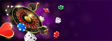 İnternet sitesi afiş tasarımı online kumarhane kumarhanesi metin için kopyalama alanı. Rulet, poker fişleri ve uçan iskambil kağıtlarının arka plan posterleri. 3B gerçekçi vektör illüstrasyonu.