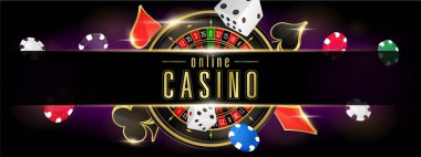 İnternet sitesi afiş tasarımı online kumarhane kumarhanesi metin için kopyalama alanı. Rulet, poker fişleri ve uçan iskambil kağıtlarının arka plan posterleri. 3B gerçekçi vektör illüstrasyonu.