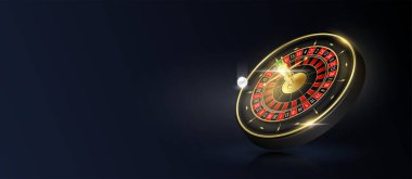 İnternet sitesi afiş tasarımı online kumarhane metin için kopyalama alanı. Kumarhane rulet tekerleği siyah arka planda izole edilmiş. Online poker konsepti. 3B gerçekçi vektörün reklamının posteri.