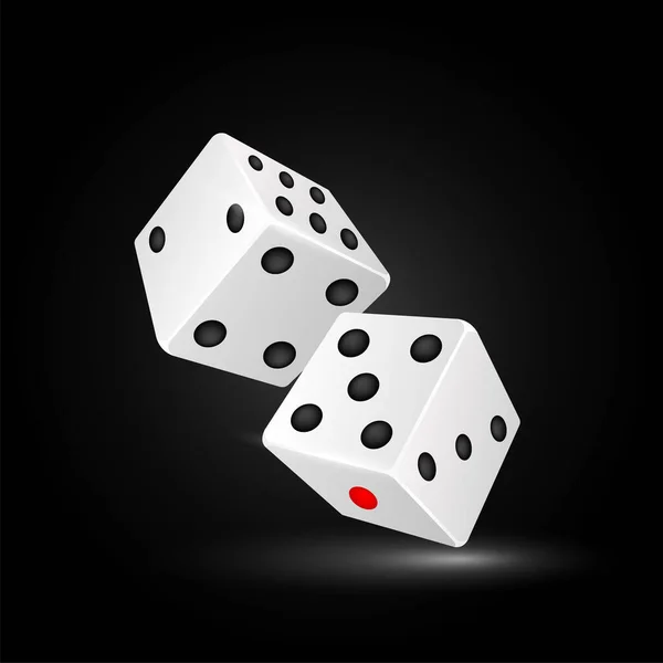 Två Vita Poker Tärningar Isolerade Svart Bakgrund Realistiska Kuber Med — Stock vektor