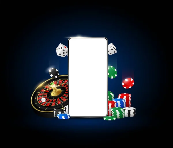 Online Casino Mobilen Spel Roulette Poker Chips Och Tärning Smartphone — Stock vektor