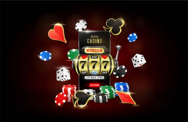Online Casino Slot Machine Smartphone Roulette Poker Chips Speelkaarten Vliegen — Stockvector