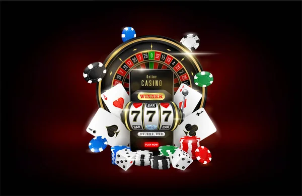 Online Casino Spelautomat Roulette Marker Poker Och Spelkort Flyger Smartphone — Stock vektor