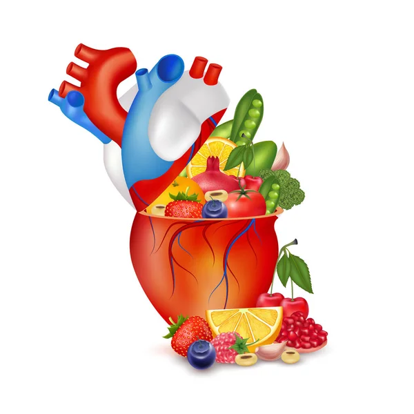 健康的な心のための最高の食品 心臓の健康のための必須栄養素主な人間 強い心のキャラクター 野菜や果物を食べる 医療と健康の概念 白い背景に隔離された3Dベクトル — ストックベクタ