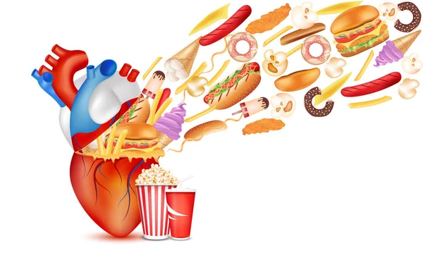 Livsmedel Som Dåliga För Hjärtat Kost Farlig Hjärtinfarkt Ohälsosamt Hjärta — Stock vektor