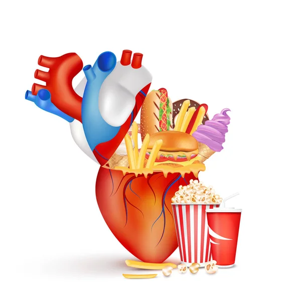 stock vector Foods that are bad for the heart. Diet dangerous coronary fitness. Unhealthy heart. With human cardiovascular anatomy. Medical and health concepts. Isolated on white background 3D vector.