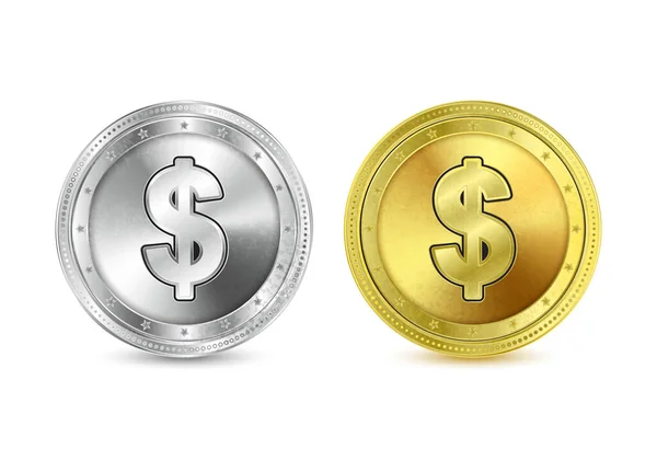 美元货币金币 银币的金币和银币的图标 独立在白色背景上 现实的3D矢量图解 — 图库矢量图片