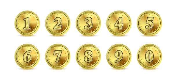 Conjunto Dígitos Monedas Oro Realistas Números Oro Signo Icono Ilustración — Vector de stock