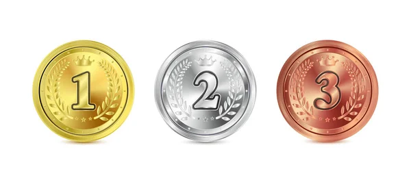 Χρυσά Ασημένια Και Χάλκινα Μετάλλια Μεταλλικό Ρεαλιστικό Σήμα Πρωταθλητής Και — Διανυσματικό Αρχείο