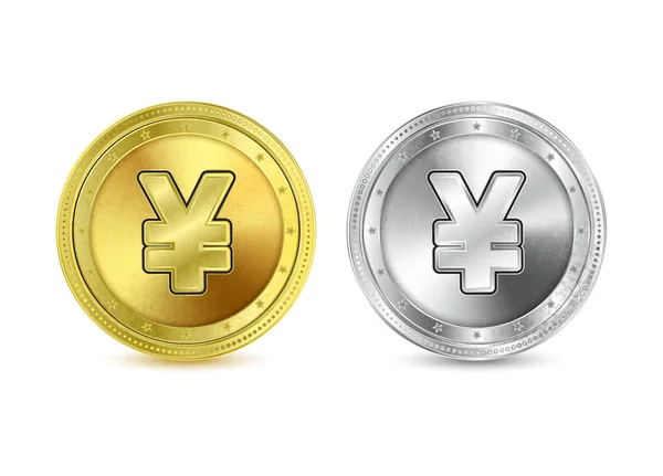 Guldmynt Yuan Yen Valuta Ikon Valutan Guld Och Silver Mynt — Stock vektor