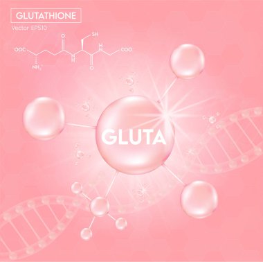 Kapsüllü pembe glutathione paketi ve üçüncü bileşen ayrılabilir. Açık pembe arka planda. Sağlıklı yaşam tıbbi ve beslenme takviyesi. Vektör 3 Boyut